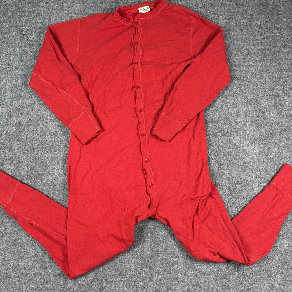 L.L. Bean Mens Union Suit Long Johns Red Thermal One-Piece Pajamas Drop Flap M